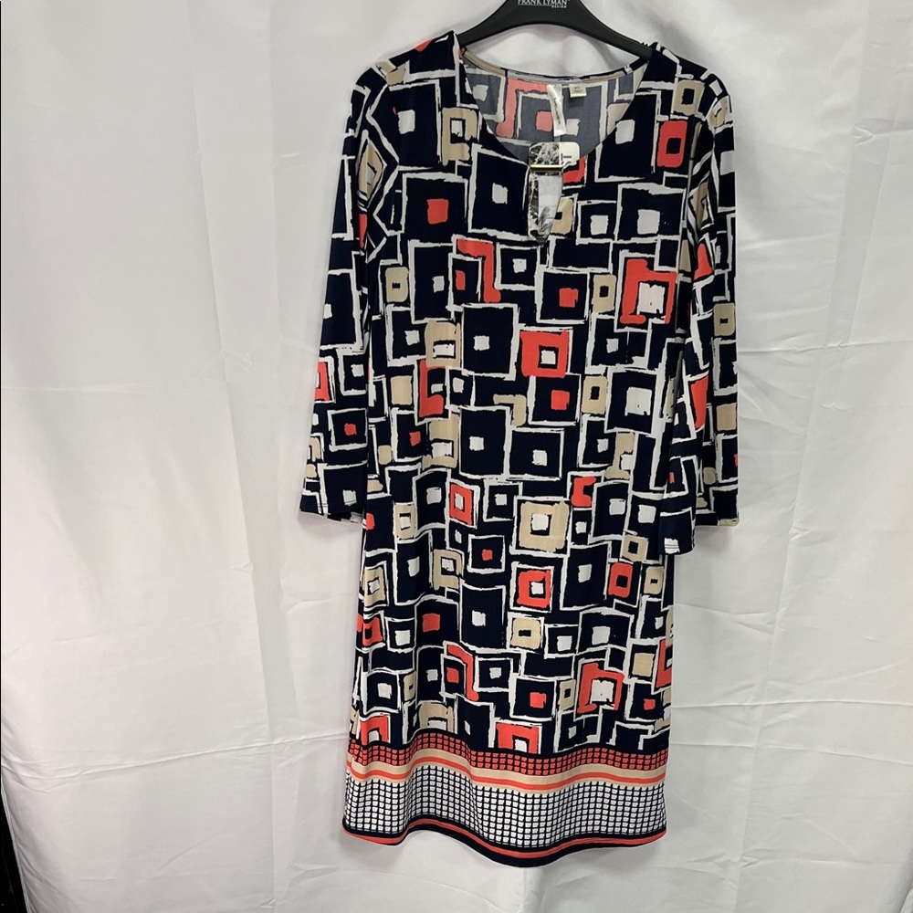 Tacera Long Sleeve Dress with Geometric Pattern in Black, Red, and Cream